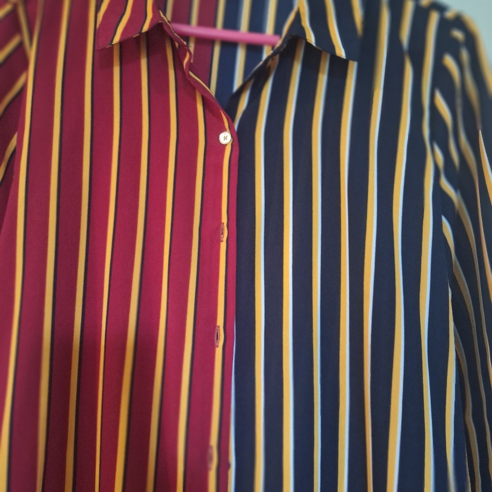 Tommy Hilfiger Blouse, Size Large, Stripe Black, Gold and Burgundy